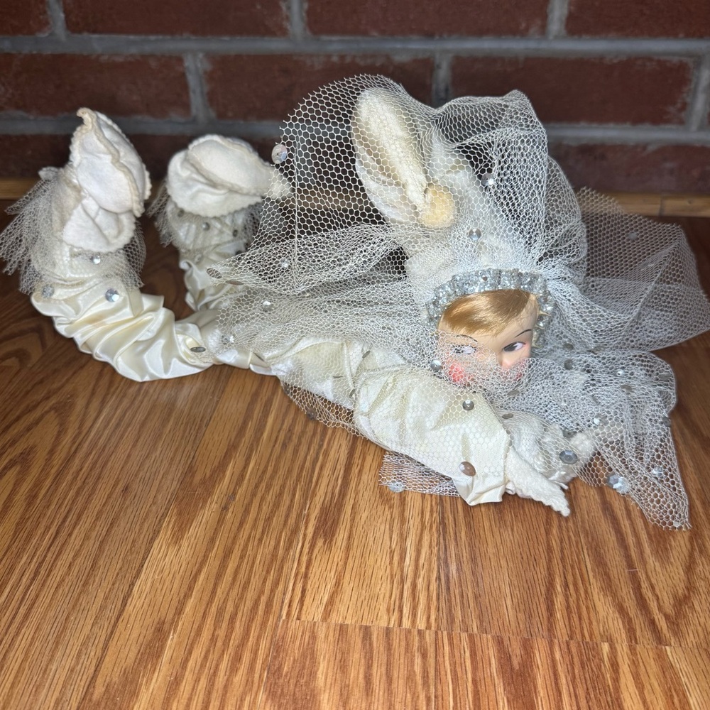 VTG Cream Jester Boudoir Doll Sequin Tulle Pixie Pillow Doll Eclectic Kitsch
